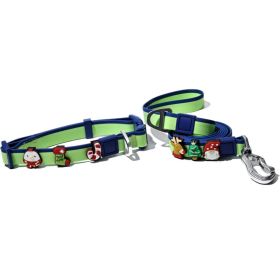 Christmas Themed Dog Collar and Leash Set, Waterproof PVC Pet Collar with Cute Charms for Small Medium Dogs (Color: Green Blue, size: M)